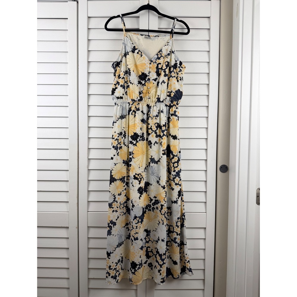 Q&A Floral Maxi Dress Women L Yellow Navy Daisy Elastic Waist Sun Dress Button